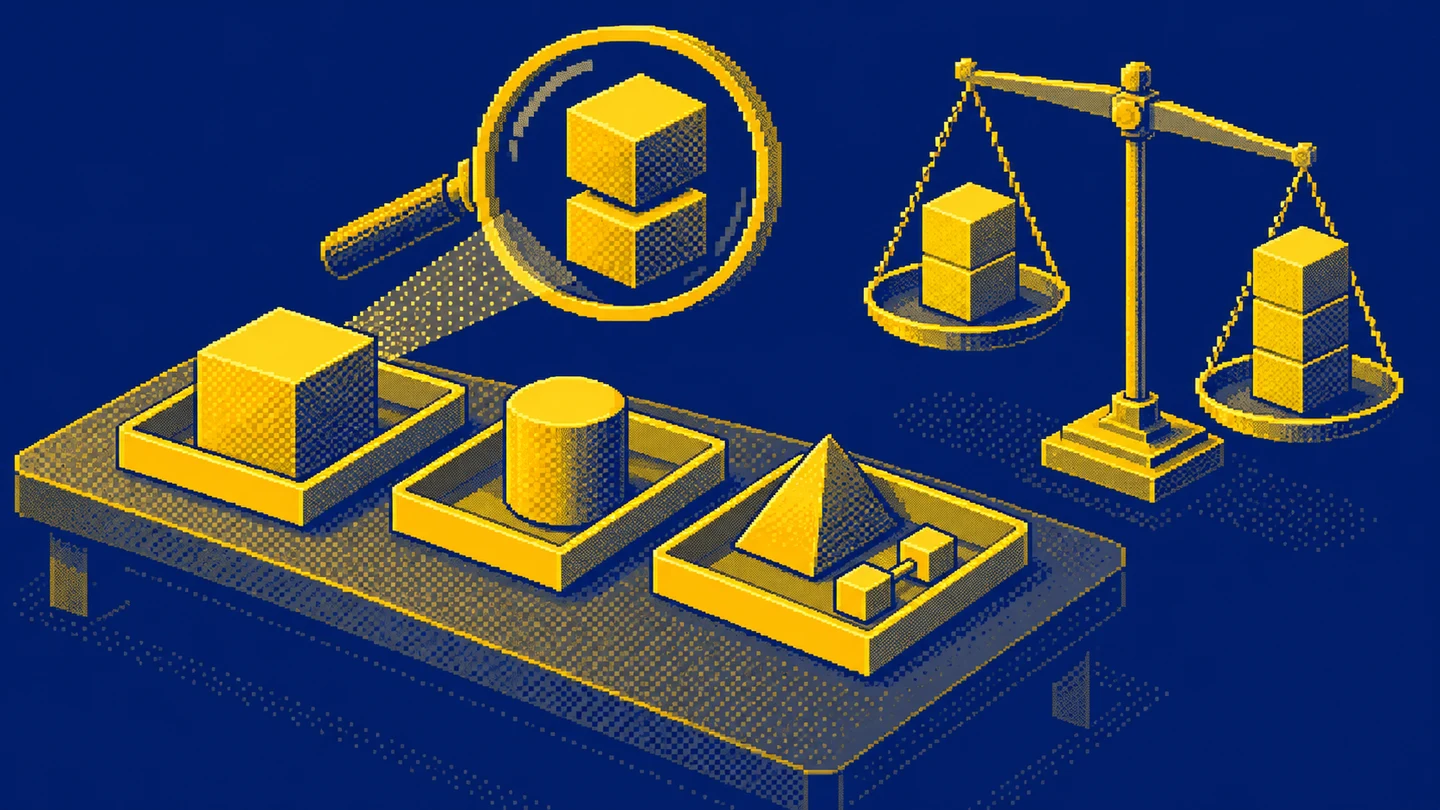 A lens reveals a duplicated block while a balance compares an original stack with a larger duplicated stack.