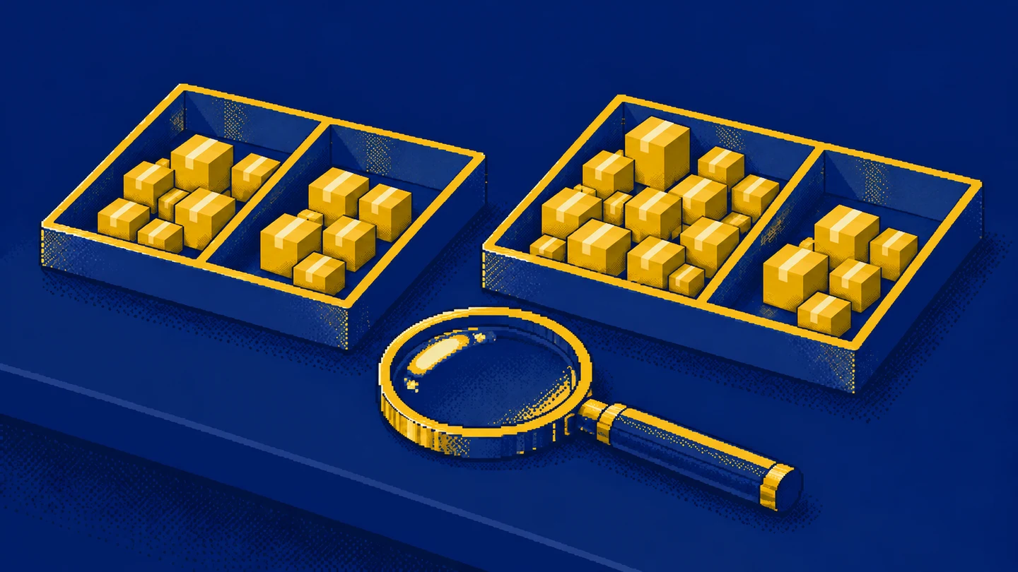 A magnifier over two trays of parcels whose different proportions change the combined result.