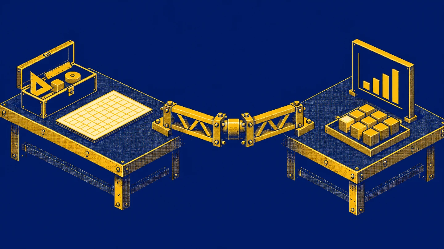 Two workbenches joined by a fitted bridge section, with tools and a data grid on the left and a chart and ordered blocks on the right.