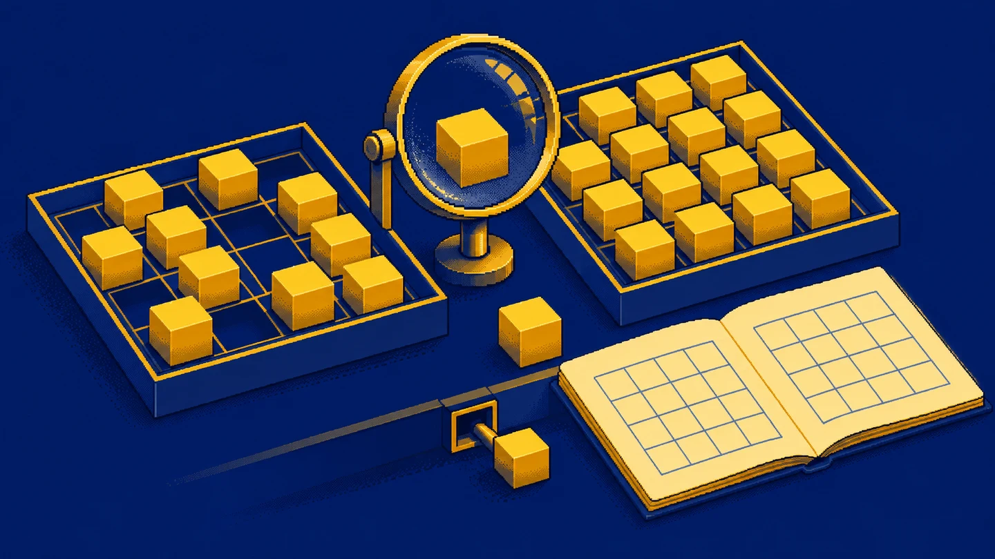 A magnifying lens over a single block between an incomplete data grid and an orderly one, beside an open notebook.