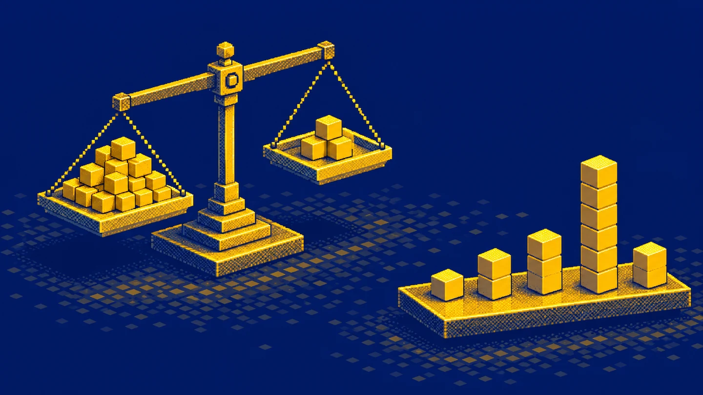 Two differently sized groups of blocks sit in balance trays beside a platform with an uneven distribution of stacks