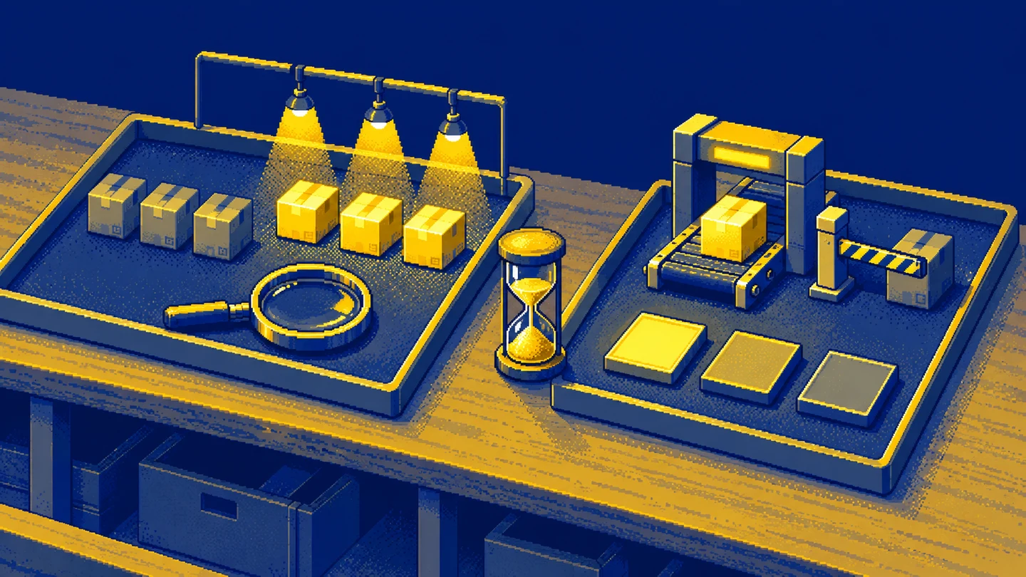 Two pixel art experiment stations: parcels inspected under a lens and a small mechanism checking passage through a gate.