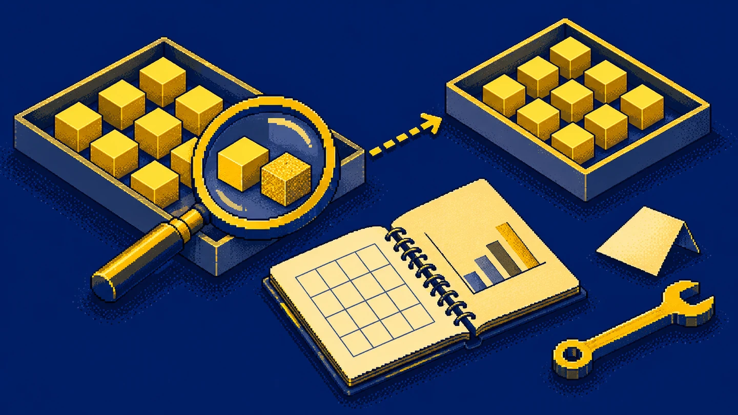 A magnifying glass inspects blocks in a tray beside a notebook with a grid and chart, in navy and yellow pixel art.