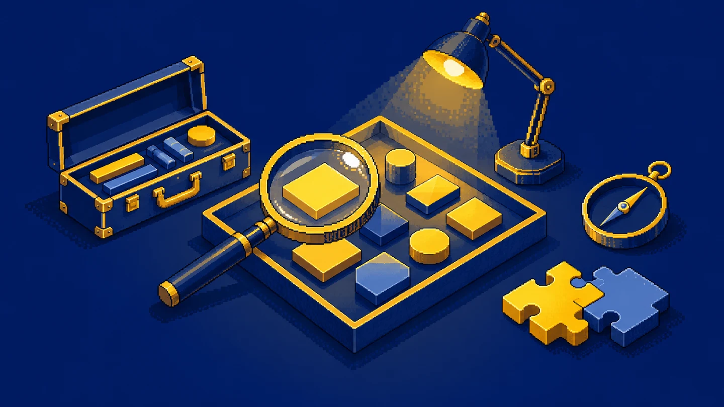 A magnifying lens, compass, toolbox and puzzle pieces on a navy and yellow pixel-art workbench.