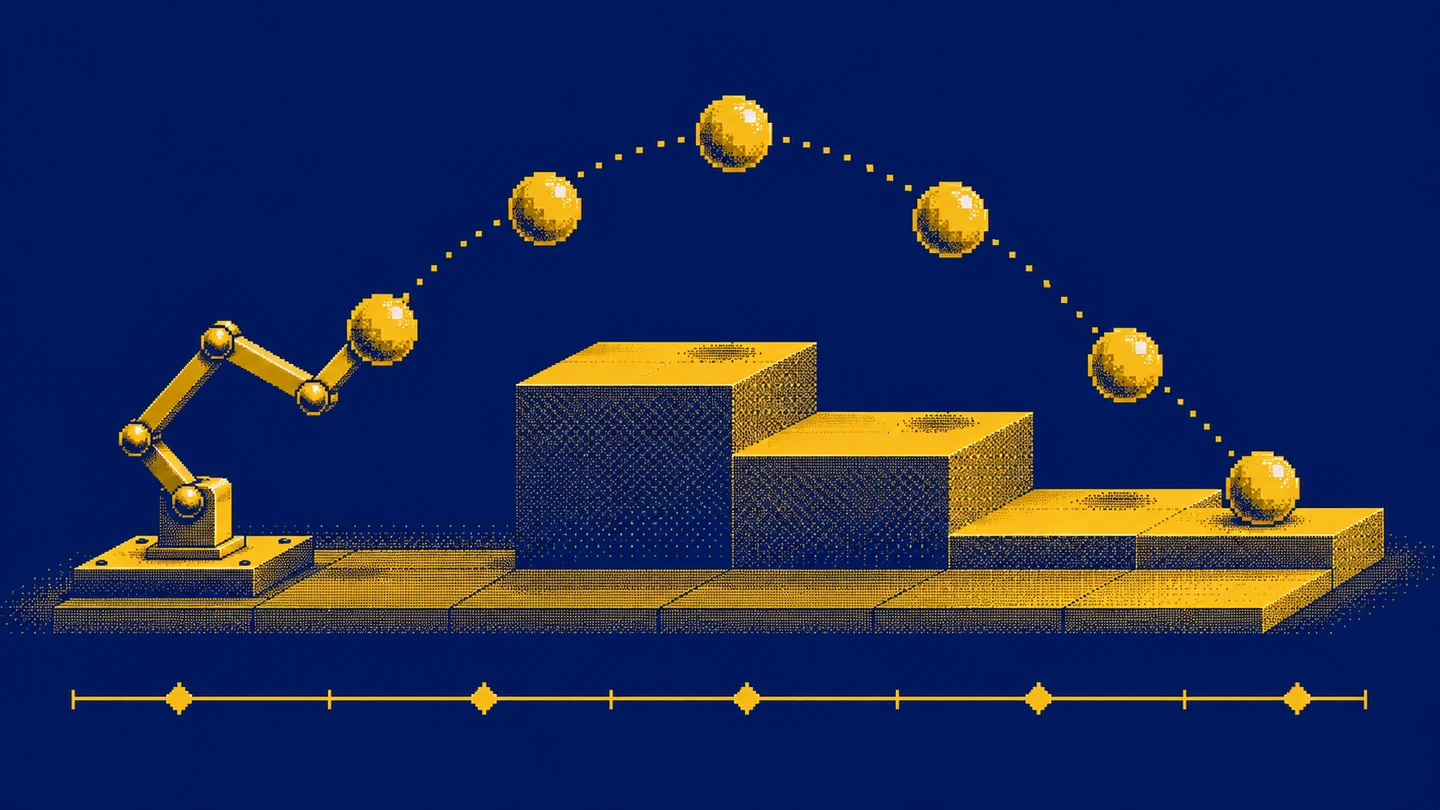 A pixel art ball in successive positions above a platform, beside a mechanical linkage and animation timeline.