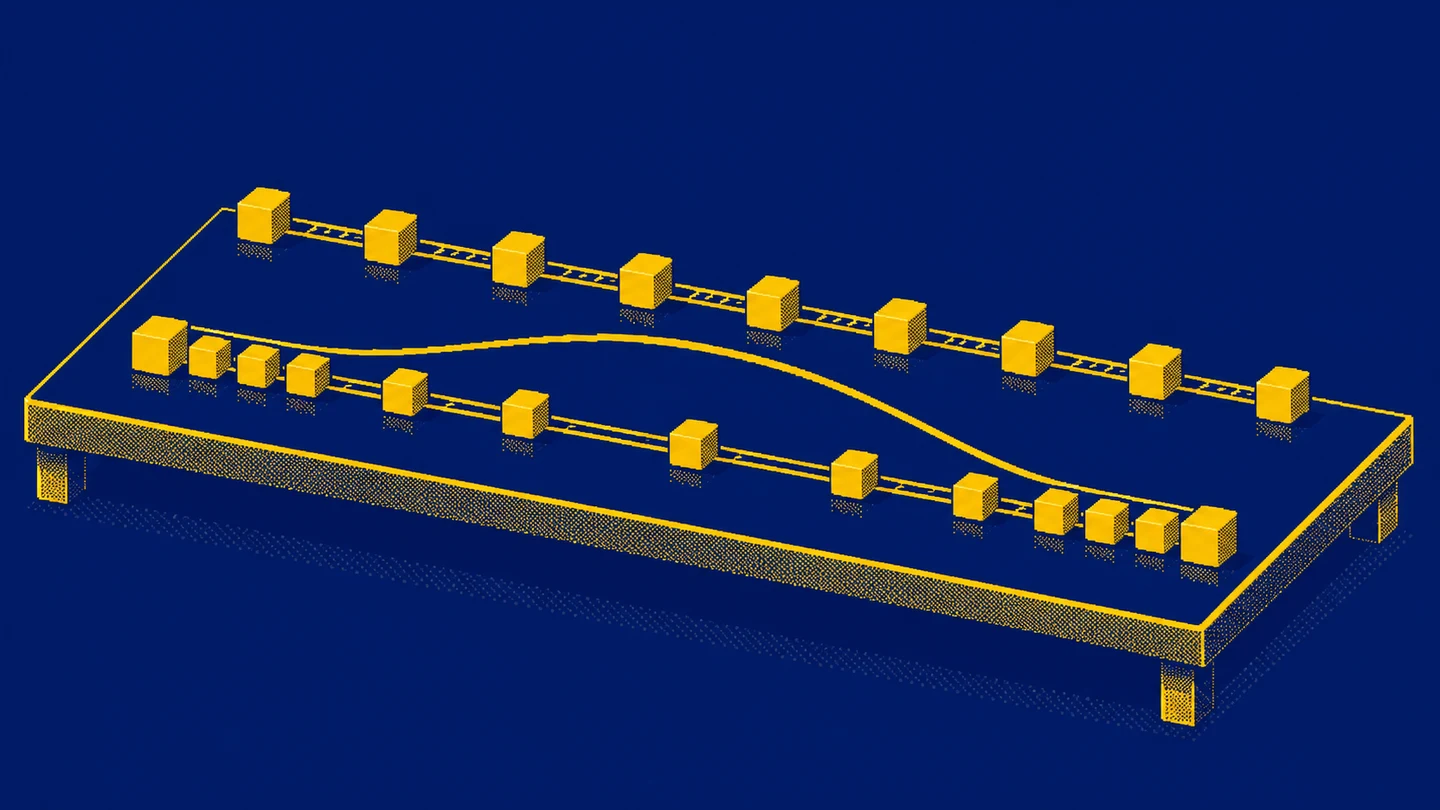 Pixel art cubes on two tracks illustrating evenly spaced movement and a gradual start and stop.
