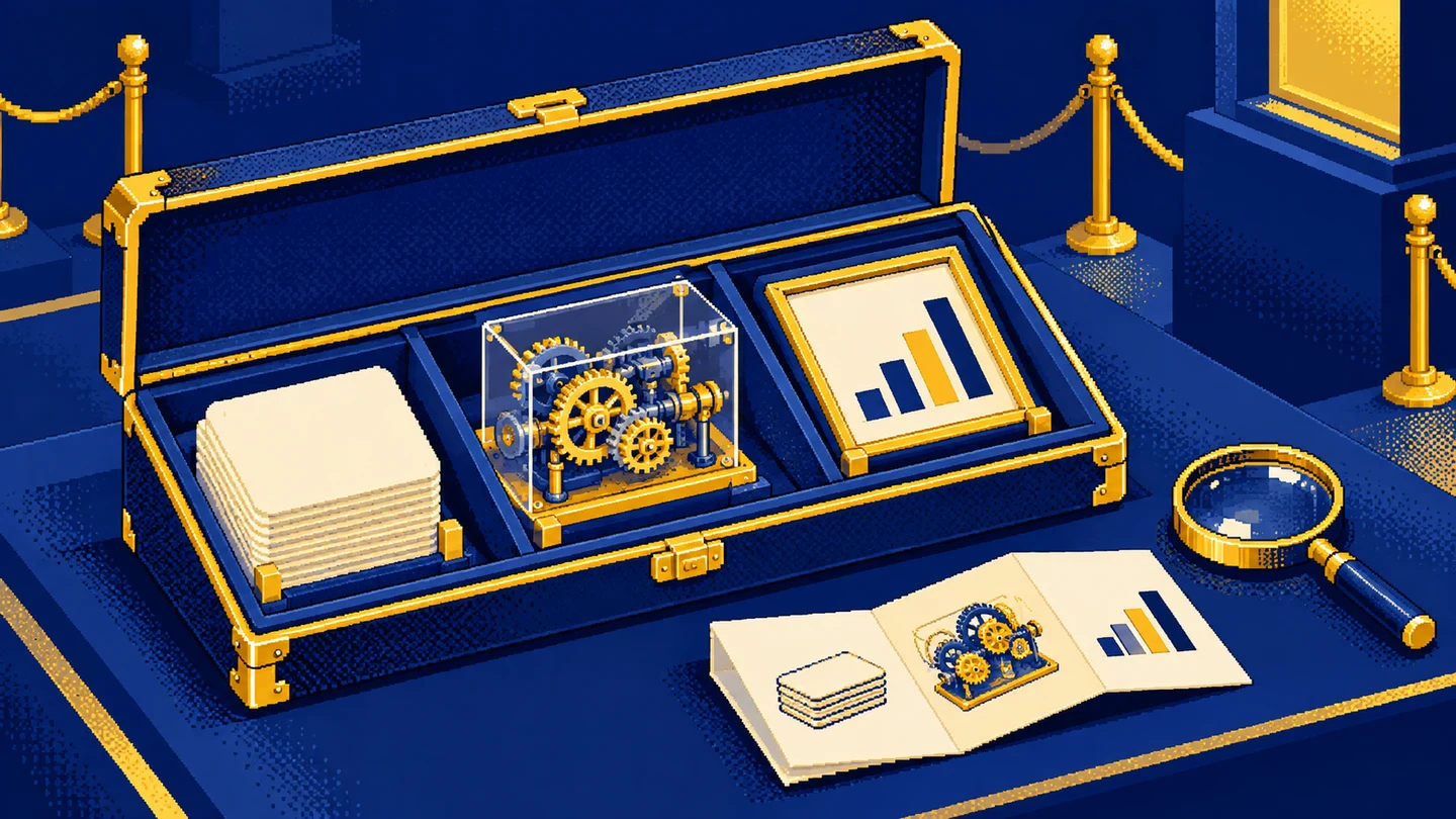 A project case holds source cards, a visible processing mechanism and a result displayed as a simple chart.