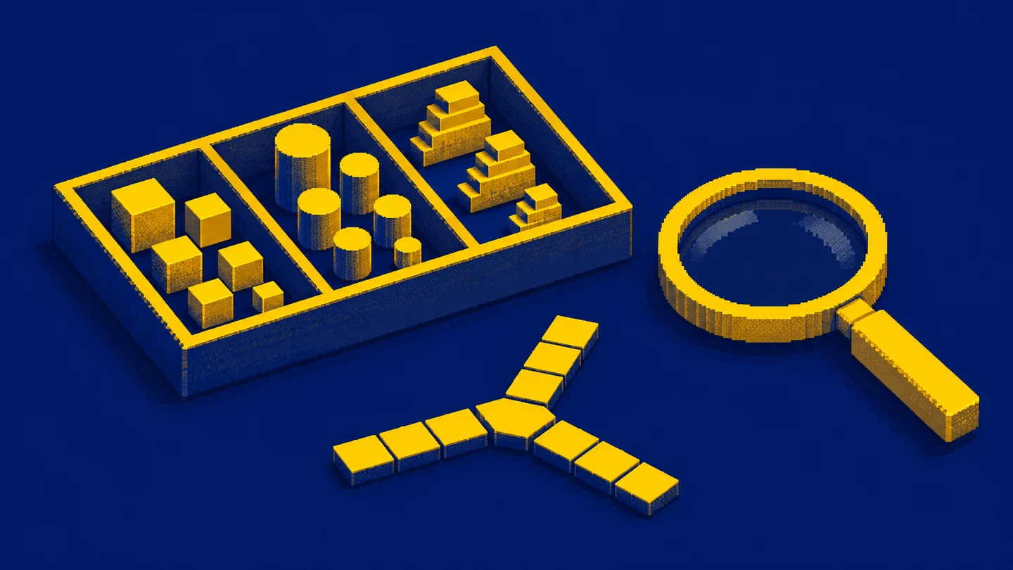 A magnifying glass, grouped blocks and a branching path symbolise choosing an analytical method in navy and yellow pixel art.