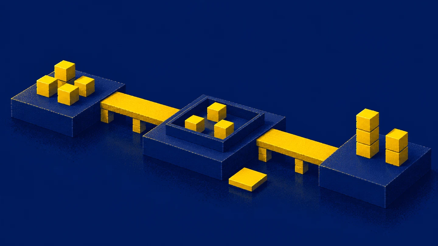 Platforms joined by bridges and holding geometric blocks represent connections between process stages in navy and yellow pixel art.