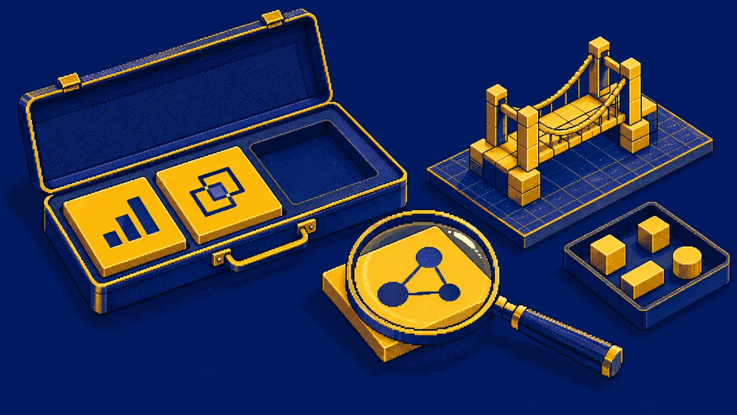 An open portfolio case with analytical work samples, a magnifying lens and a small bridge model representing a practical check of readiness for a new role.
