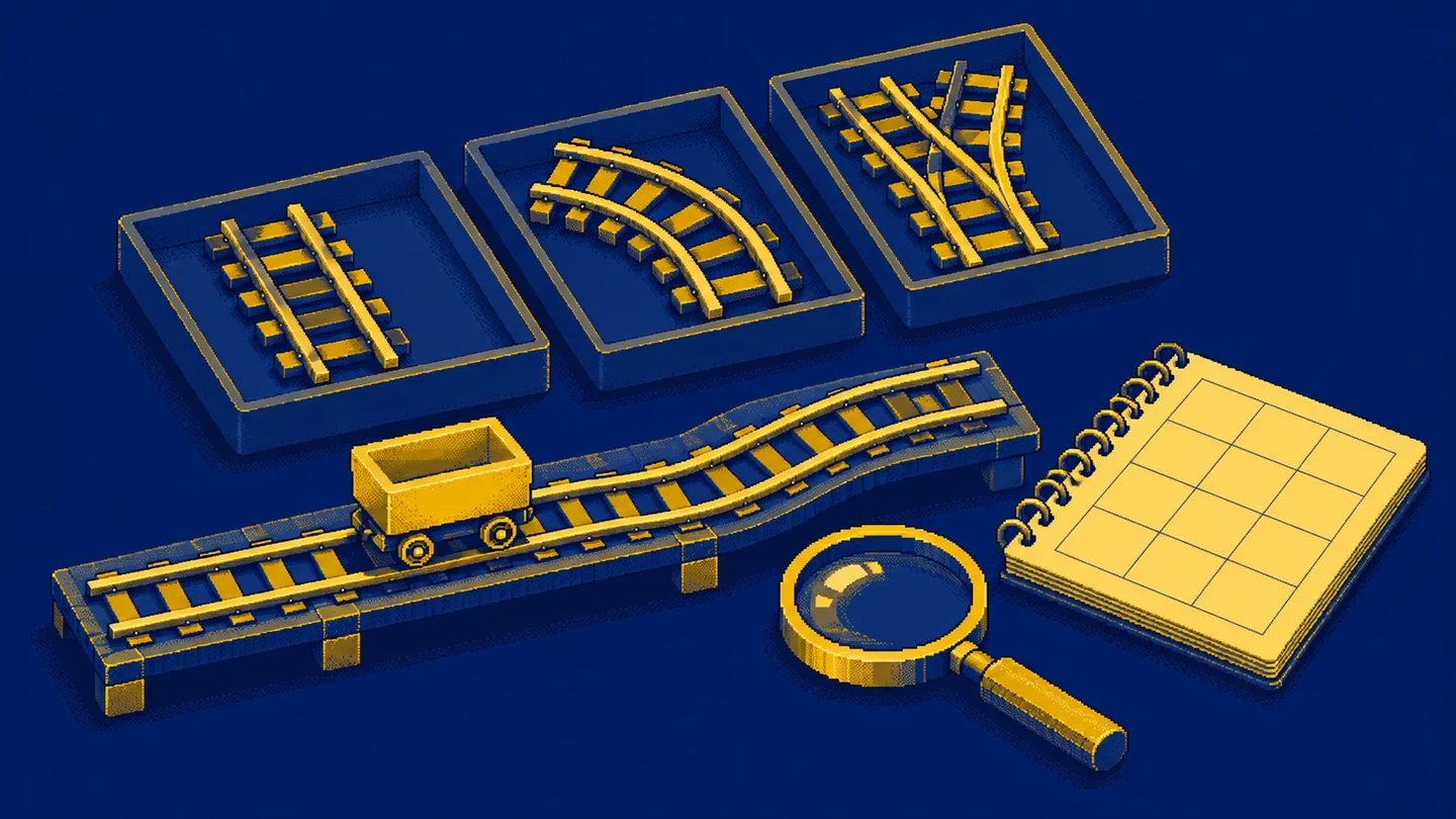 A short track with a cart, interchangeable track sections, a magnifying lens and a blank notebook for testing a chosen direction.