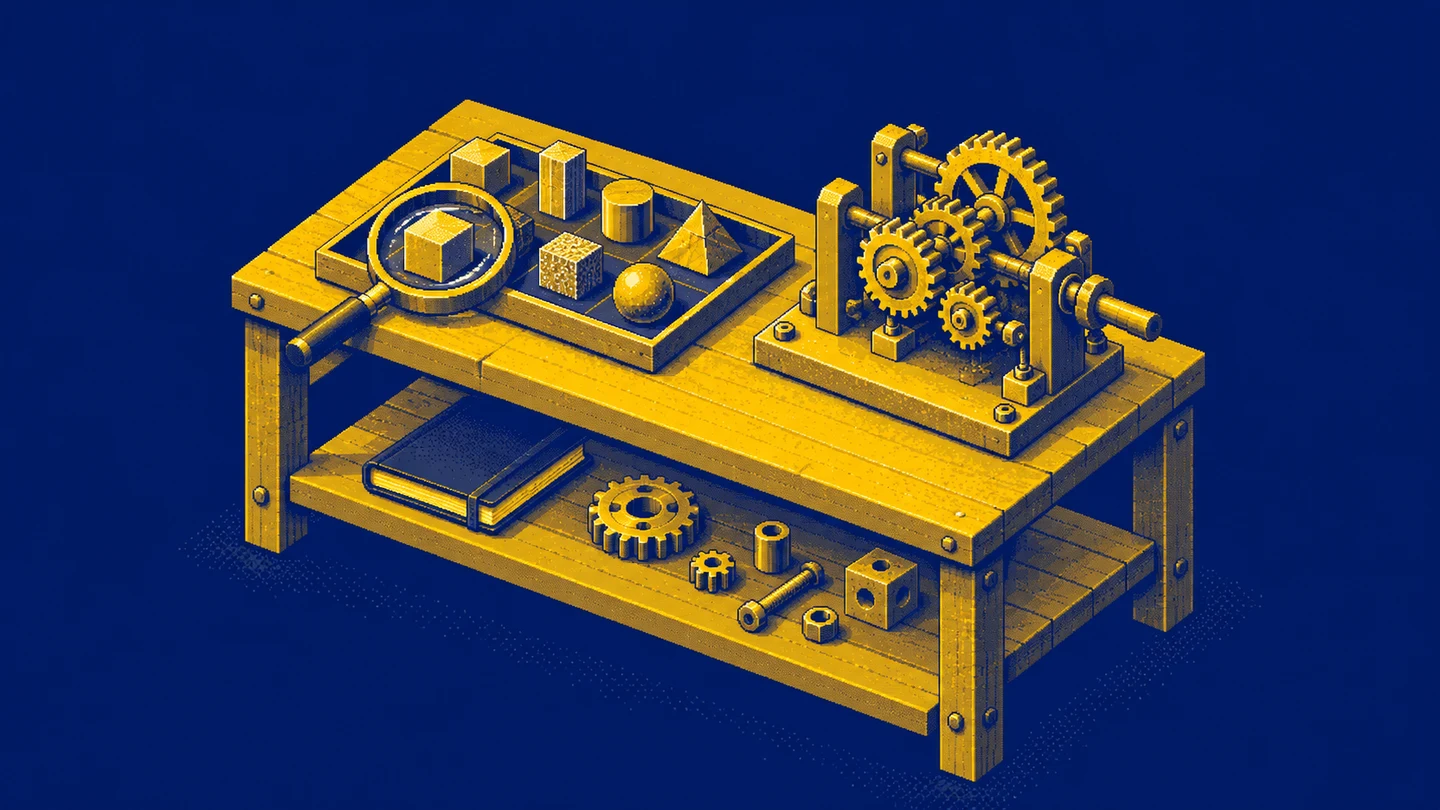 An analysis sample tray and a small mechanical prototype share one workbench.