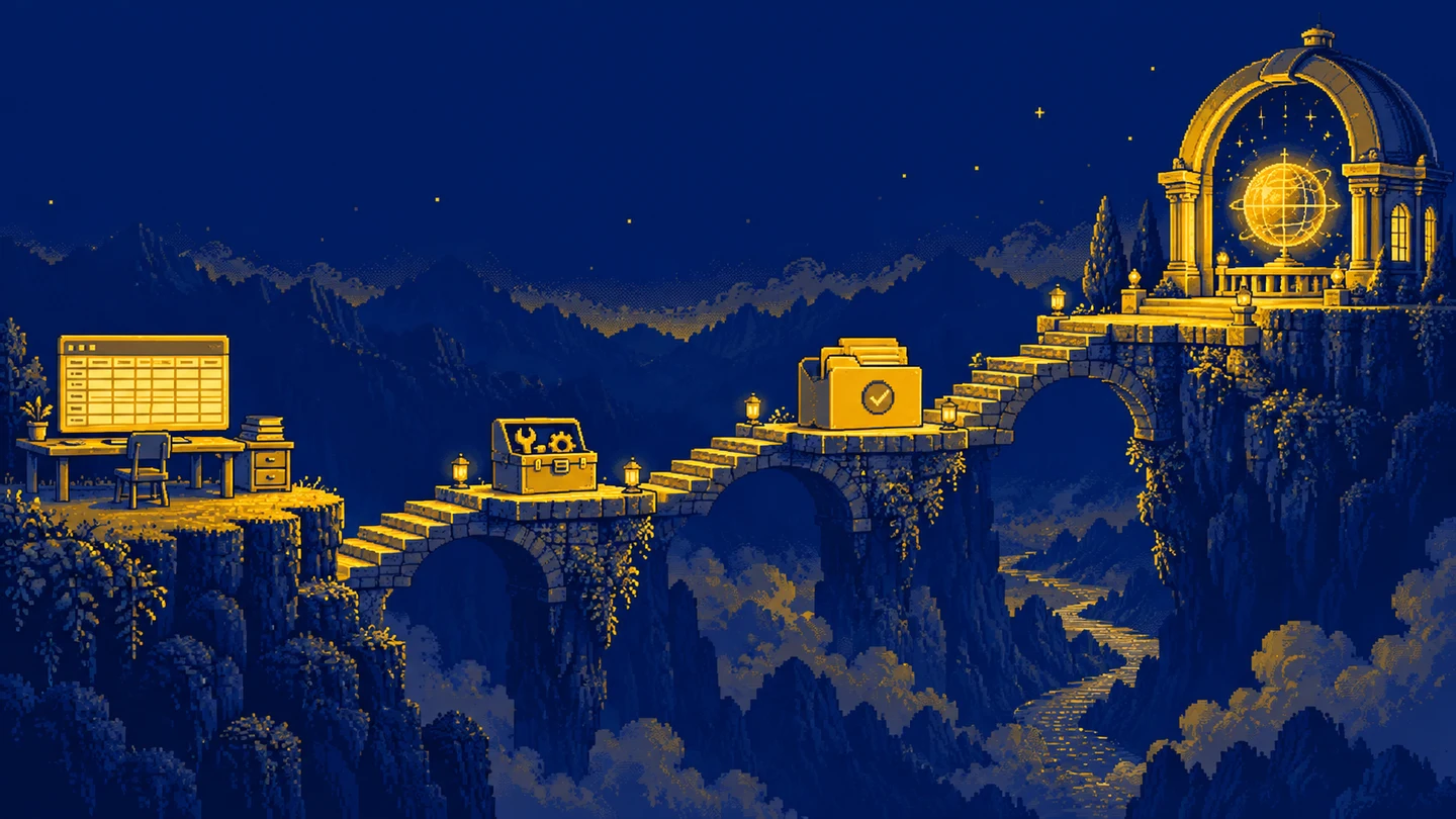 A pixel-art stepped bridge leading from a desk through tools and projects to an observatory.