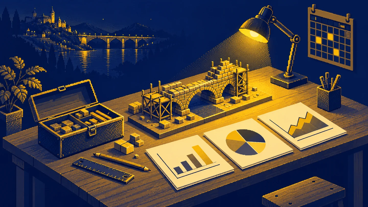A pixel-art workbench with a bridge model, tools, reports and a calendar.