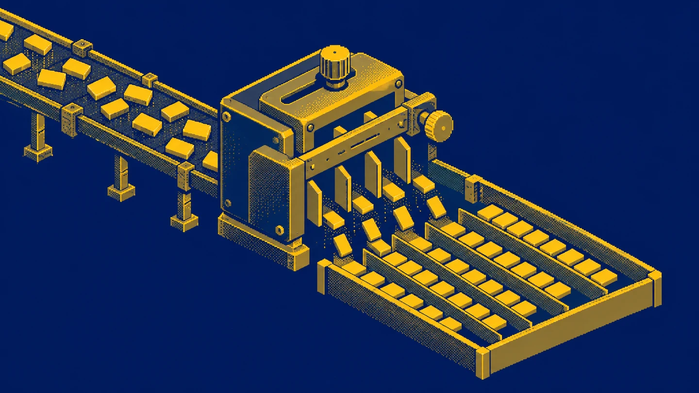 A parsing machine separates loose golden tiles into orderly columns.