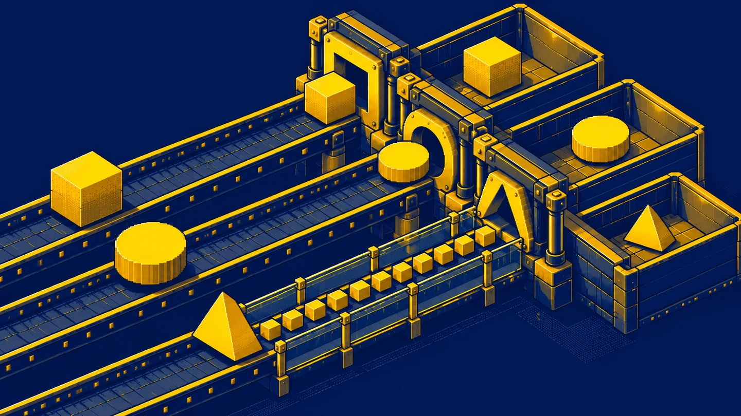 Different shapes pass through matching gates into separate orderly compartments.