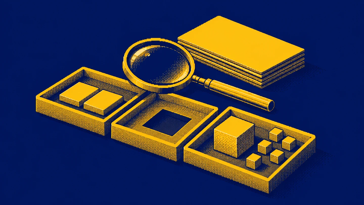 Three compartments show repeated tiles, an empty slot and an unusually large object under a magnifying glass.
