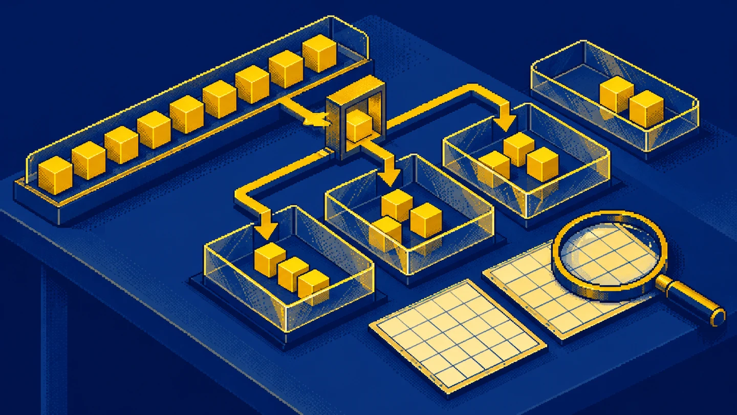 A magnifying glass over blank record cards and cubes sorted into trays according to rules, in yellow and navy pixel art.