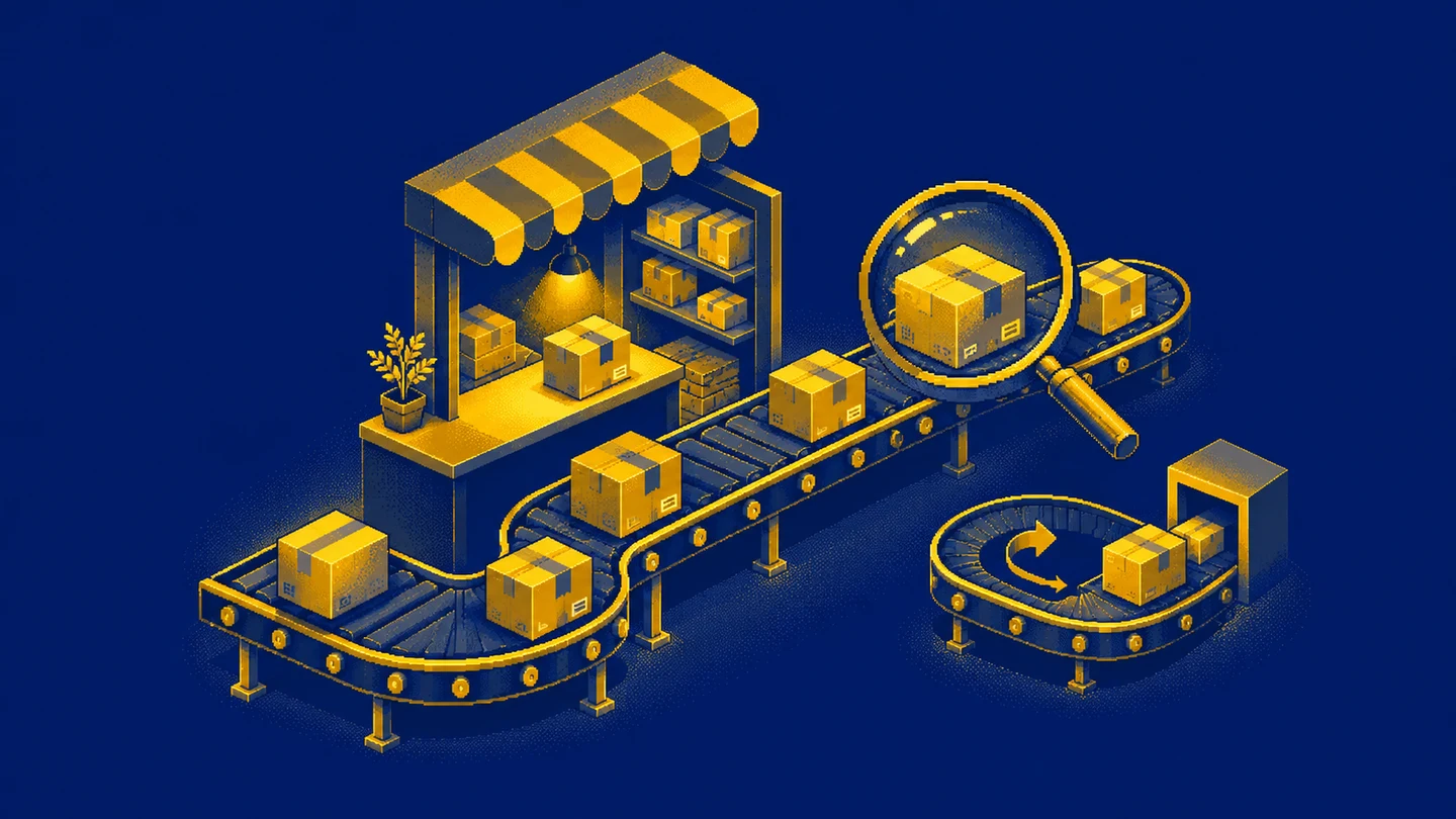 Parcels pass through a shop and conveyor with a magnifying lens and separate return loop, in navy and yellow pixel art.