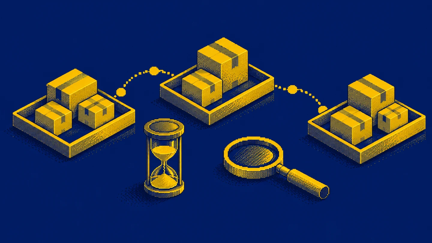 Trays of parcels are connected by a path, with an hourglass and magnifying lens representing purchase observation over time.