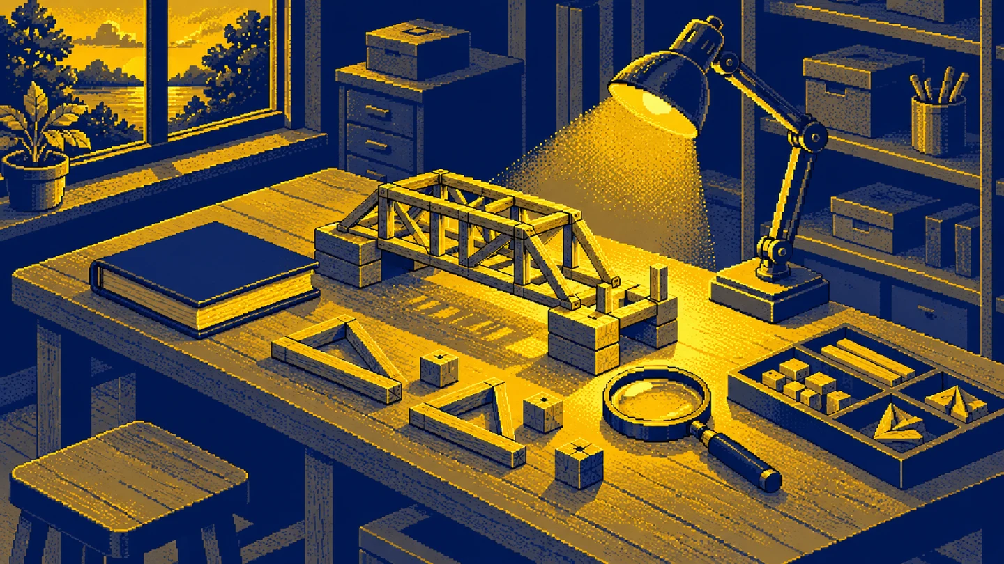 An unfinished bridge model, a closed reference book and an inspection lens on a lit practice workbench.