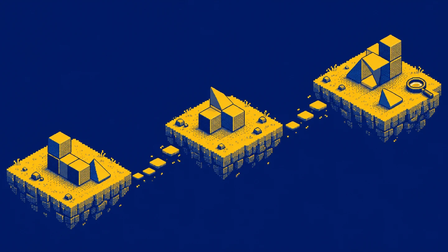 Three separated platforms with geometric puzzles represent returning to an exercise across different sessions.