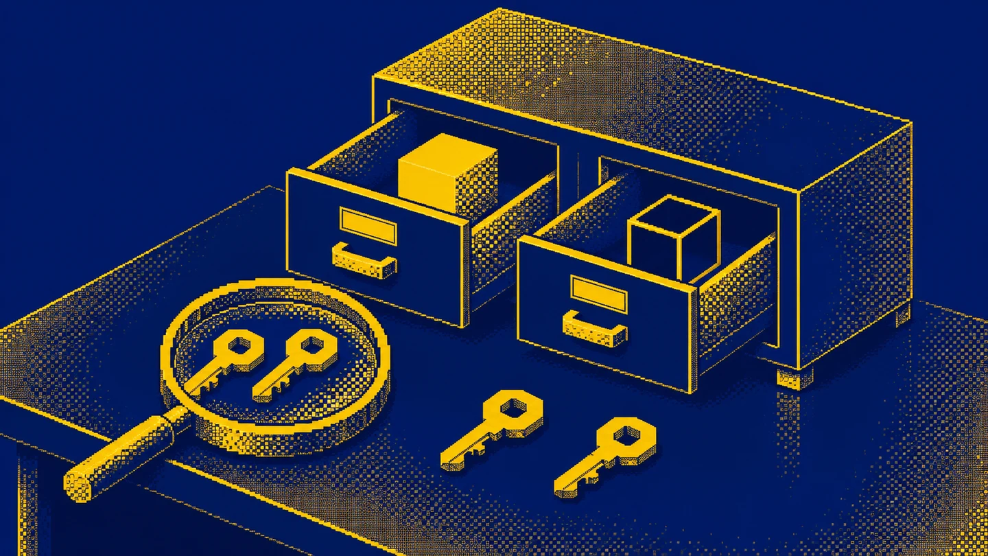 A magnifying lens reveals repeated keys beside two drawers containing different objects.