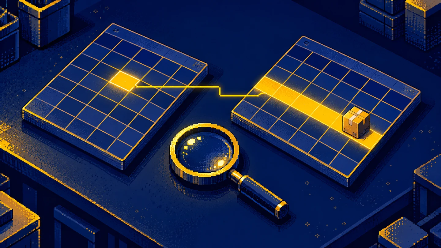 Two pixel art grids connected through a highlighted key, with a magnifying glass over the selected row.
