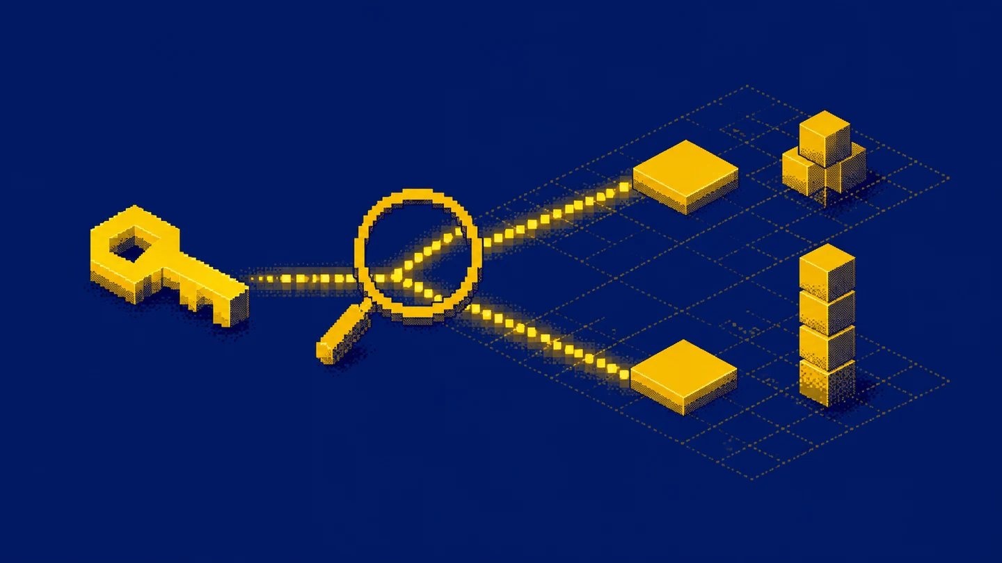 A pixel art key branches to two identical tokens with different stacks, illustrating an ambiguous match.
