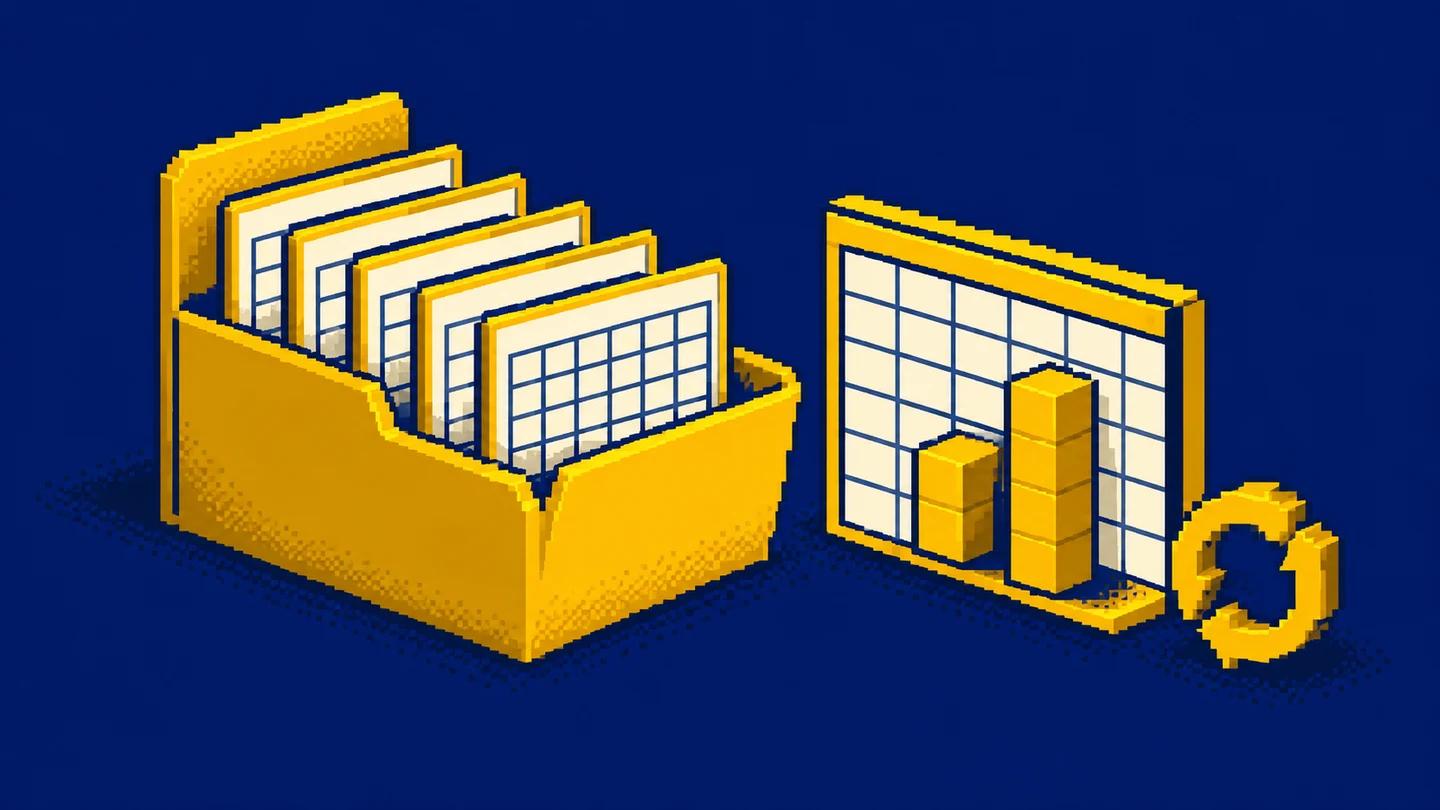 A pixel art folder containing orderly data cards and a separate results sheet ready for handoff.