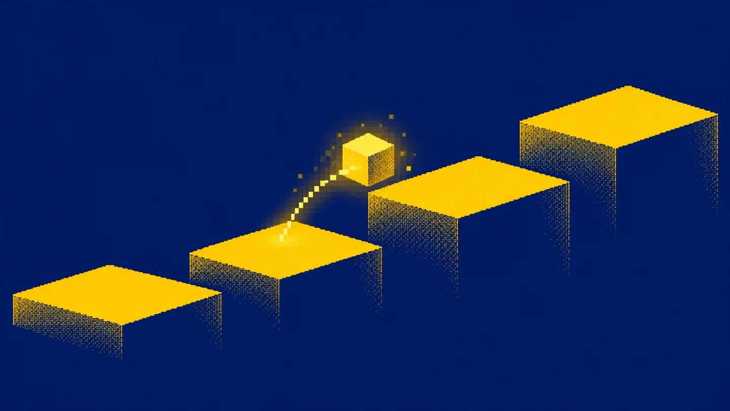 A cube beside stepped platforms indicates the last threshold reached