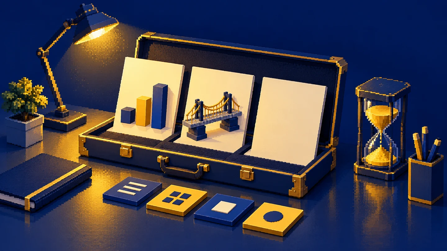 An open portfolio with geometric examples, an hourglass and organised task tiles on a desk.