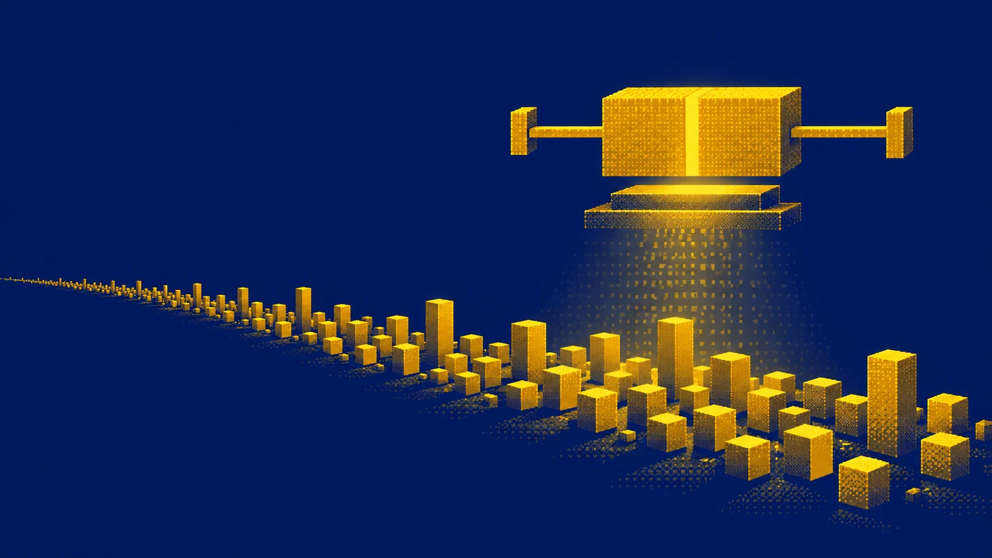 A pixel-art row of golden cubes of different heights stretches across a navy plain, with a glowing box plot made of blocks floating above it as its summary.