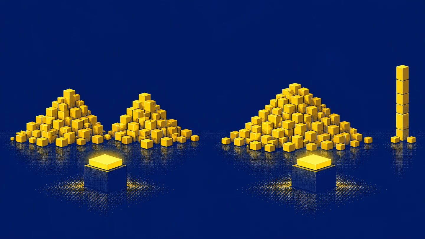 Two pixel-art heaps of golden cubes: one with two humps, the other a single hill with a lone tall tower next to it. An identical glowing pedestal stands in front of each.