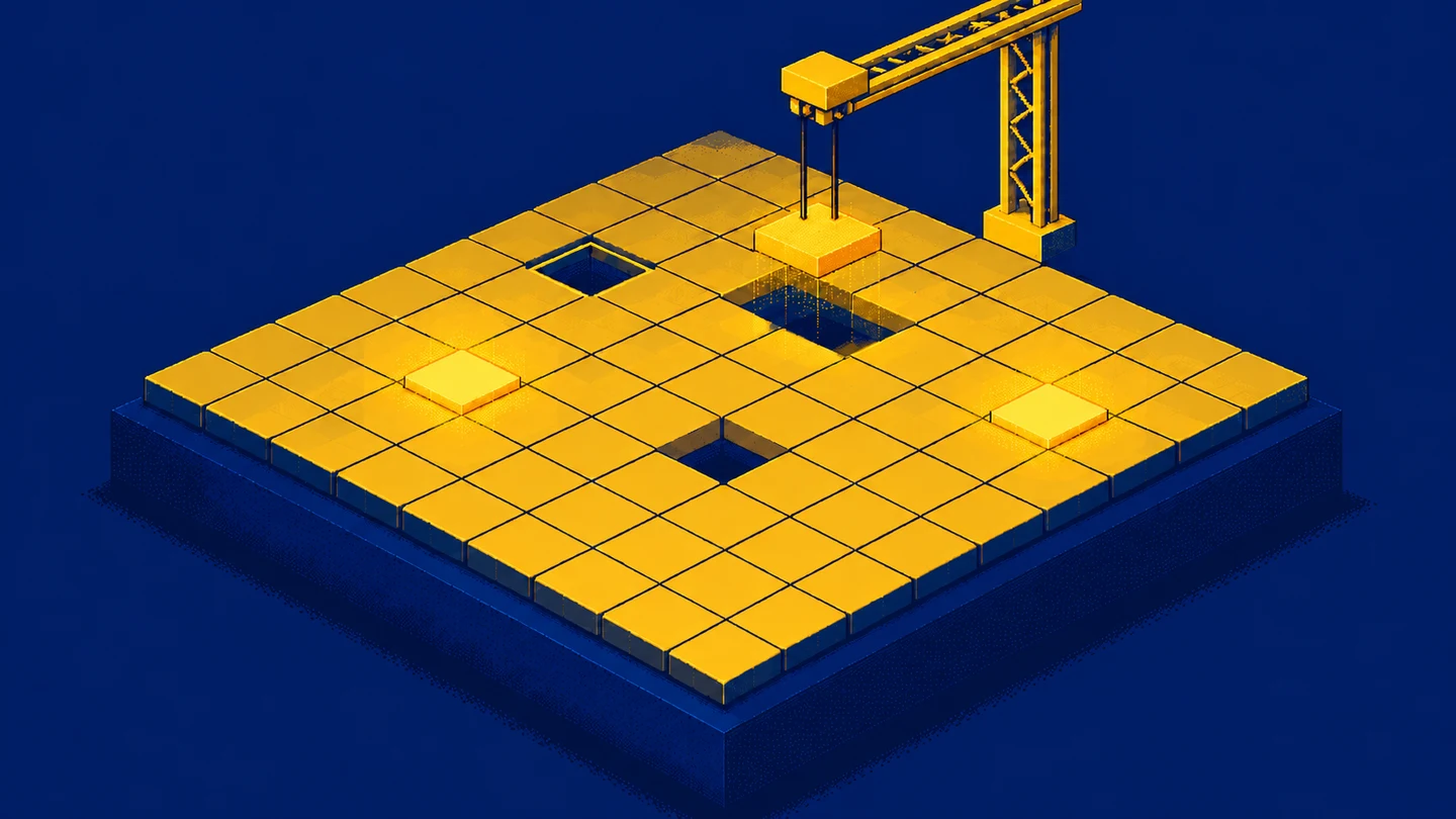 A pixel-art tile board where a golden crane lowers a tile into an empty slot. Two slots are already filled and two others stay empty.