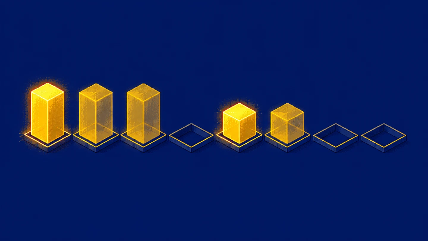 A pixel-art row of slots: a tall golden block has translucent copies on only the next two slots, while the third slot before a shorter block stays empty.