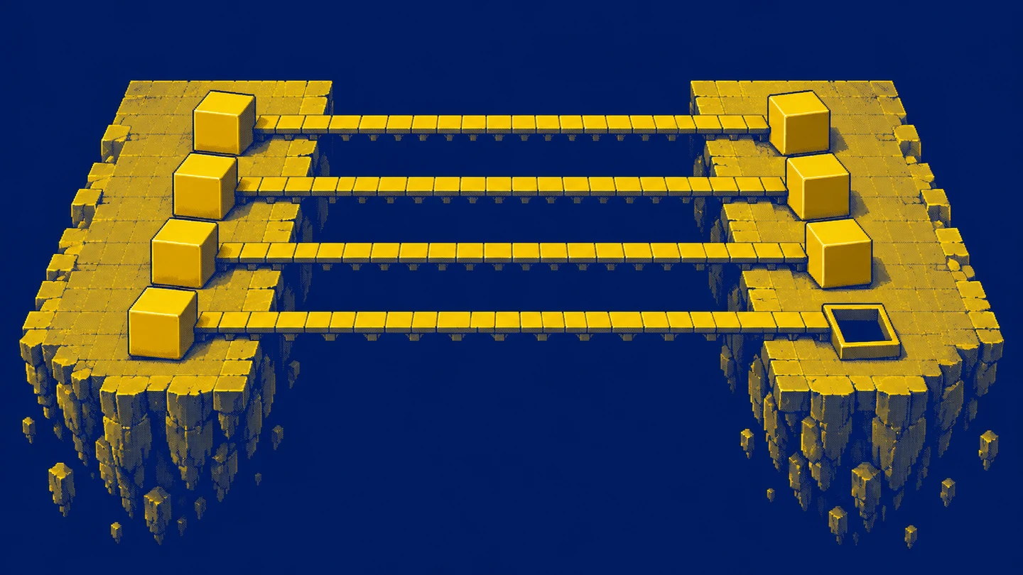 Two pixel-art platforms: a bridge runs from every crate on the left to the right side, and one bridge ends at an empty frame instead of a crate.