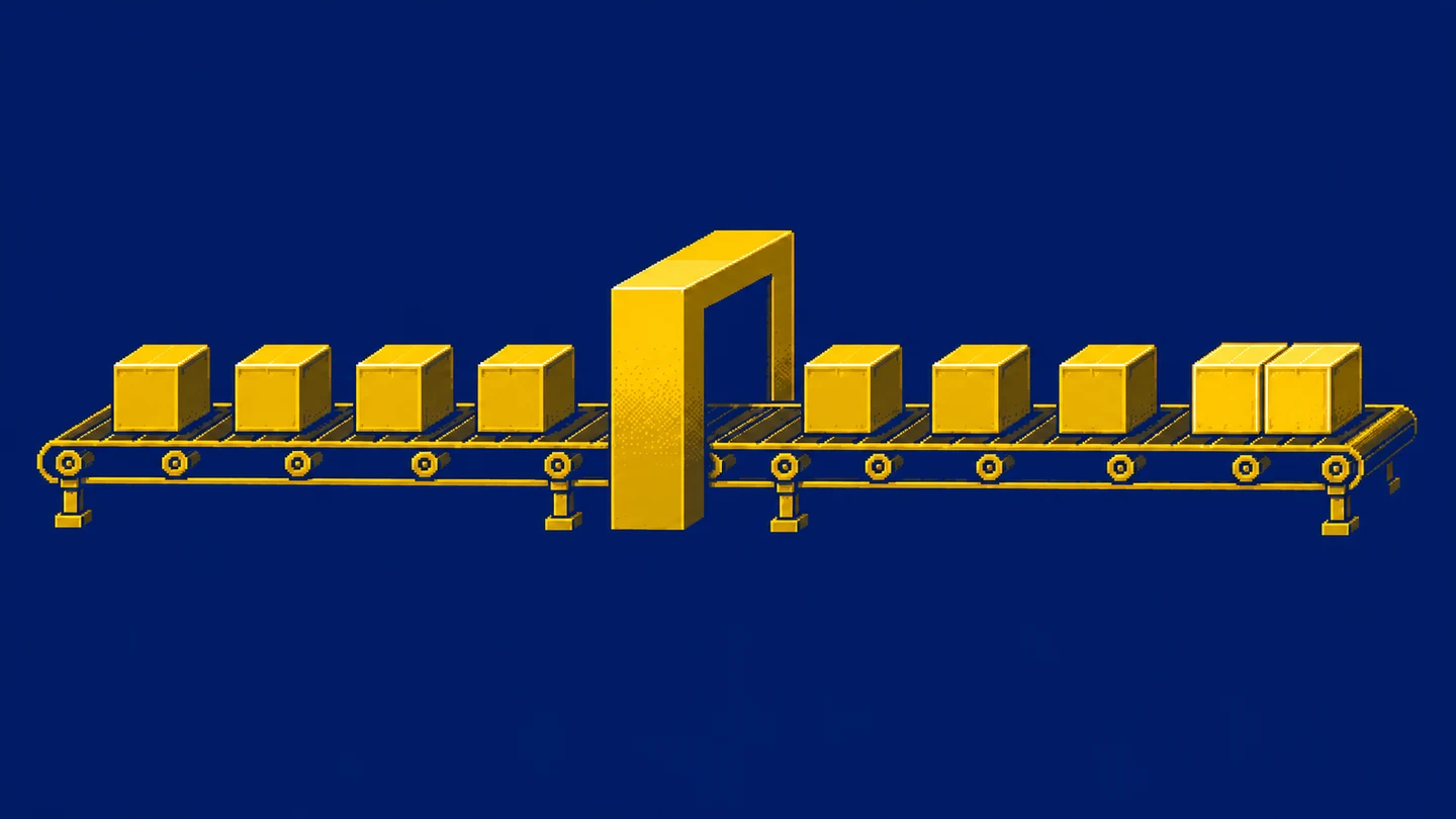 A pixel-art conveyor: four crates pass through a matching gate, and behind it one of them travels on as two identical copies.