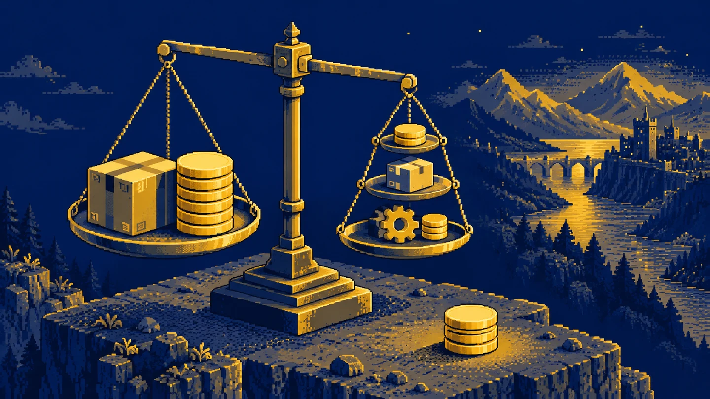 A pixel-art balance comparing parcels and coins with the costs of serving orders.