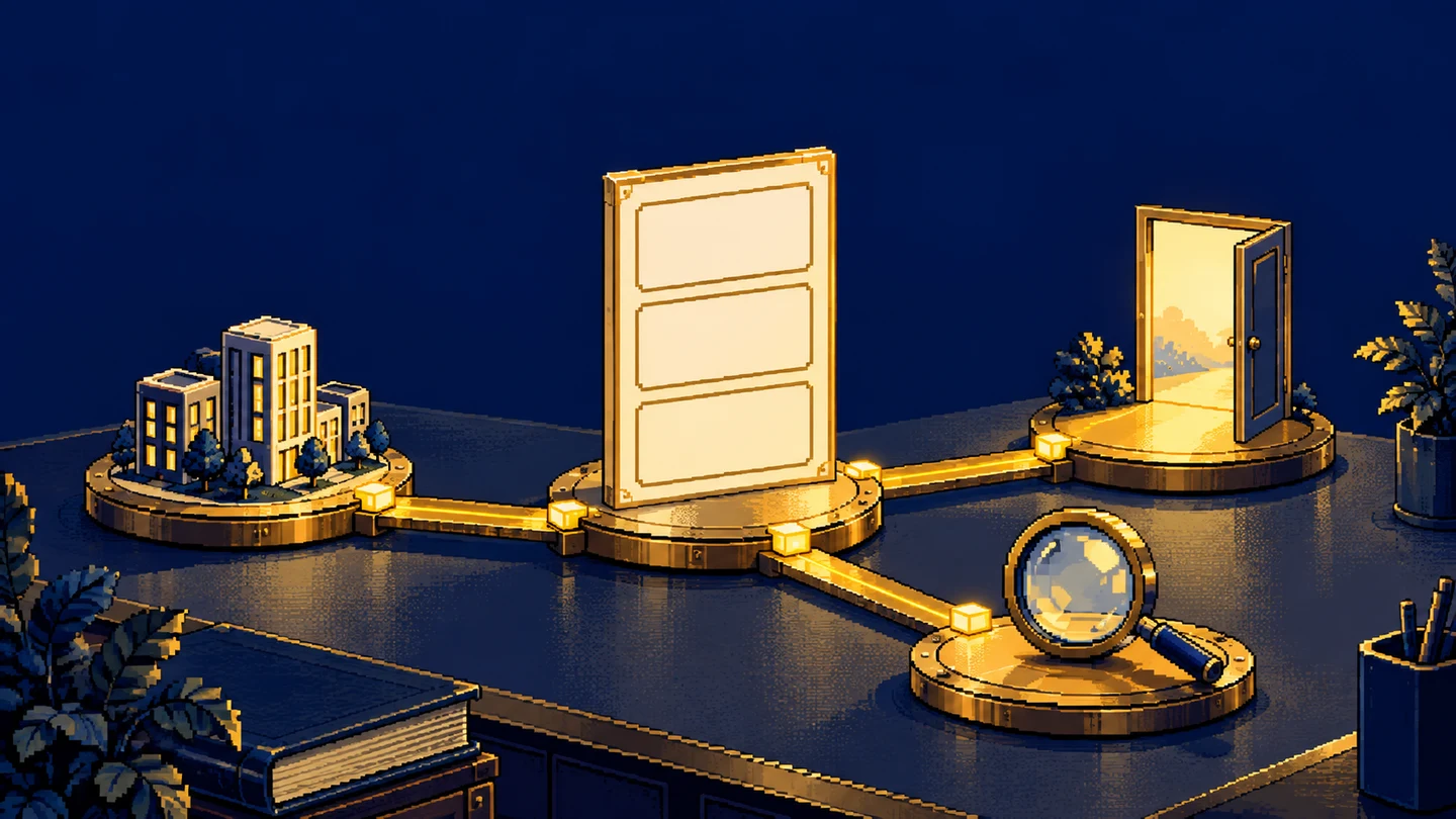 A blank profile board connects to an inspectable project, magnifying glass and open doorway.