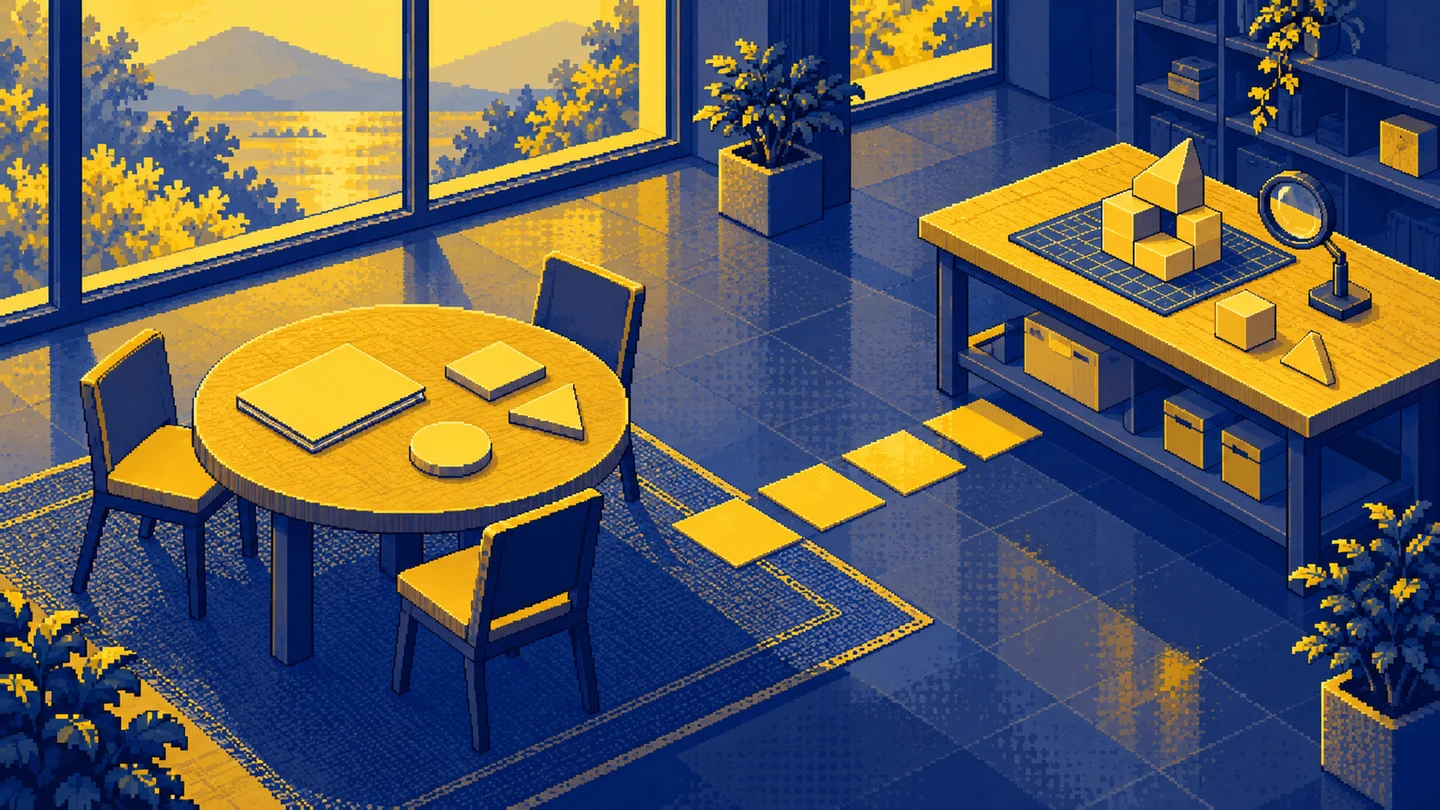 A path connects a table with empty chairs to a workbench where a geometric model is being assembled.