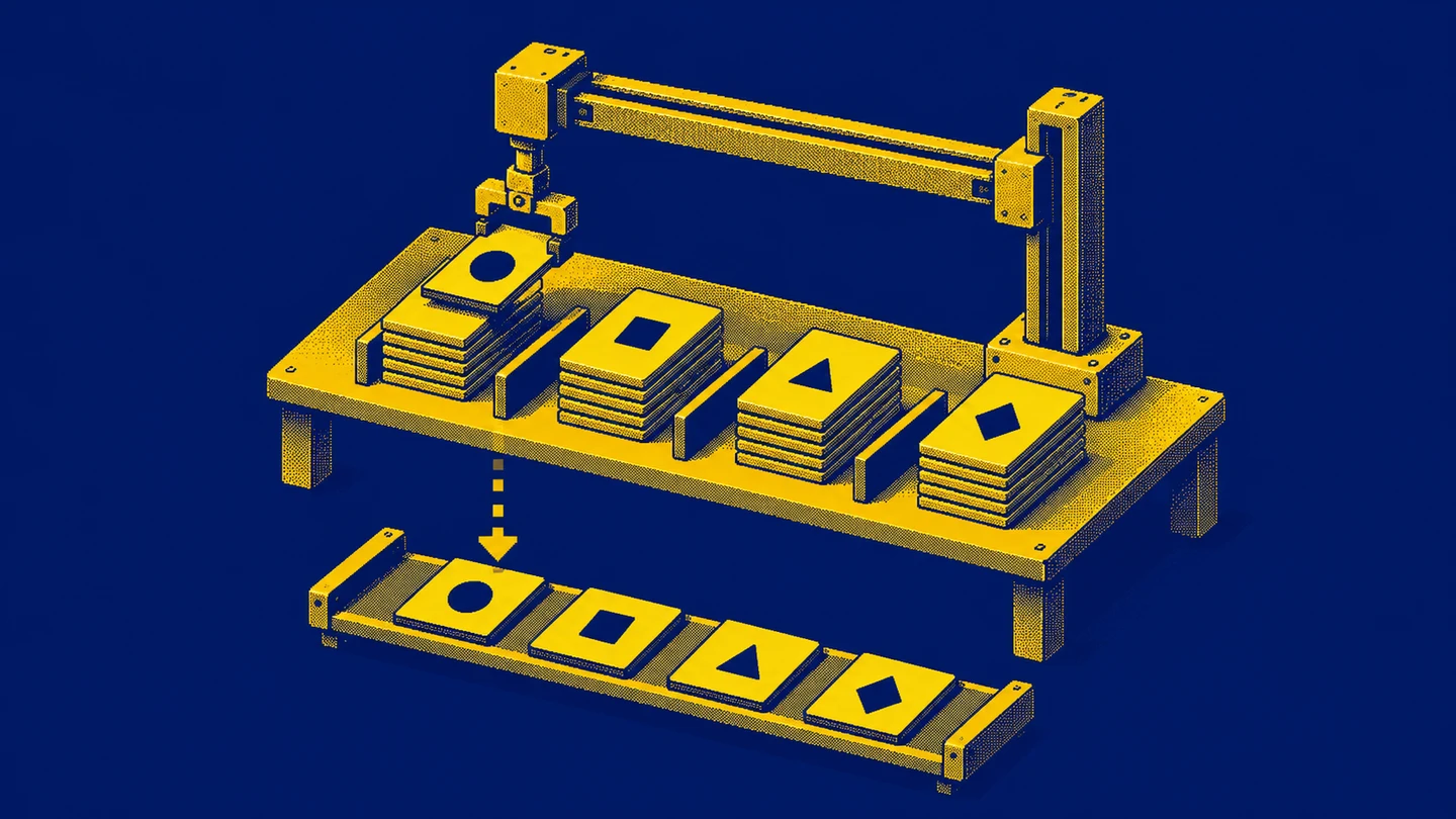 A pixel-art mechanical selector taking one card from each group of identical records