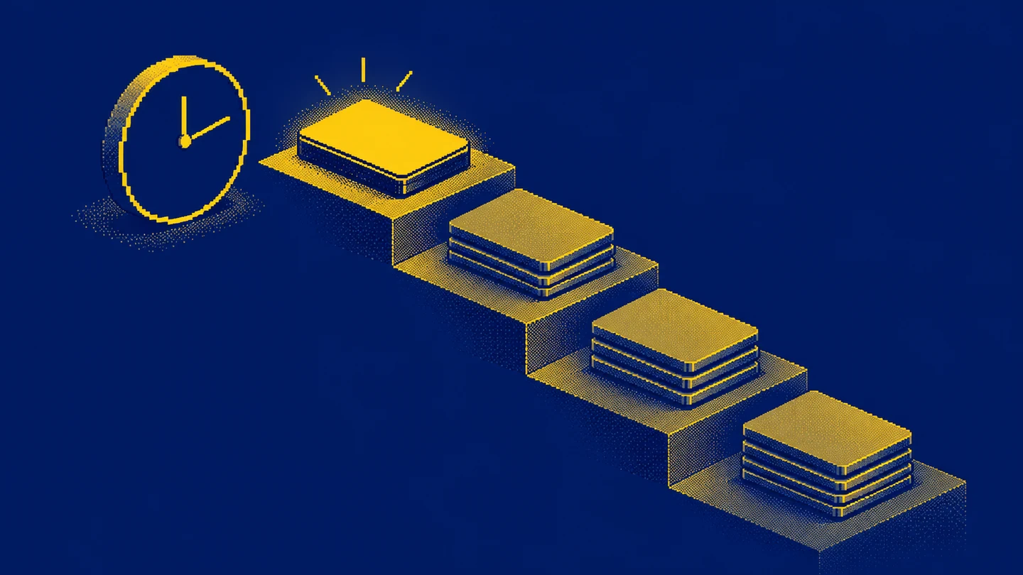 Pixel-art record versions on steps beside a clock, with the latest version highlighted