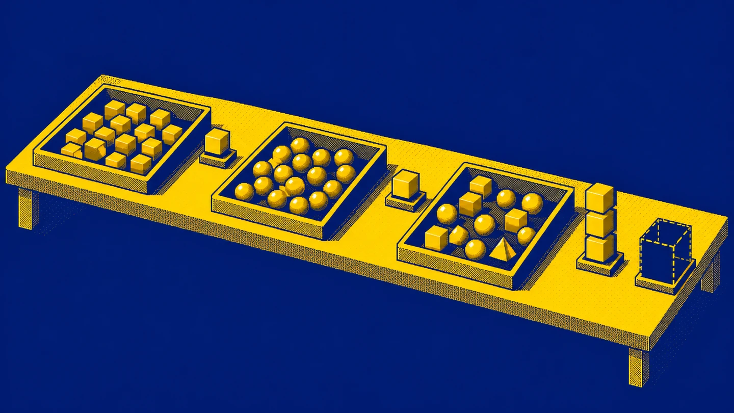 A pixel-art desk with trays of repeated shapes and stacks counting their variety