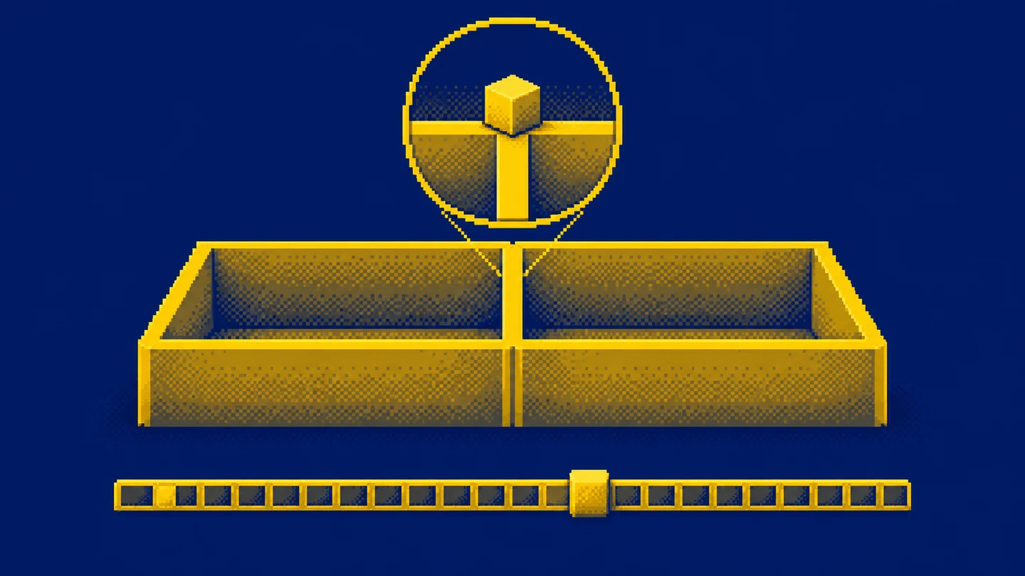 Pixel-art magnifying glass over the boundary between two time intervals