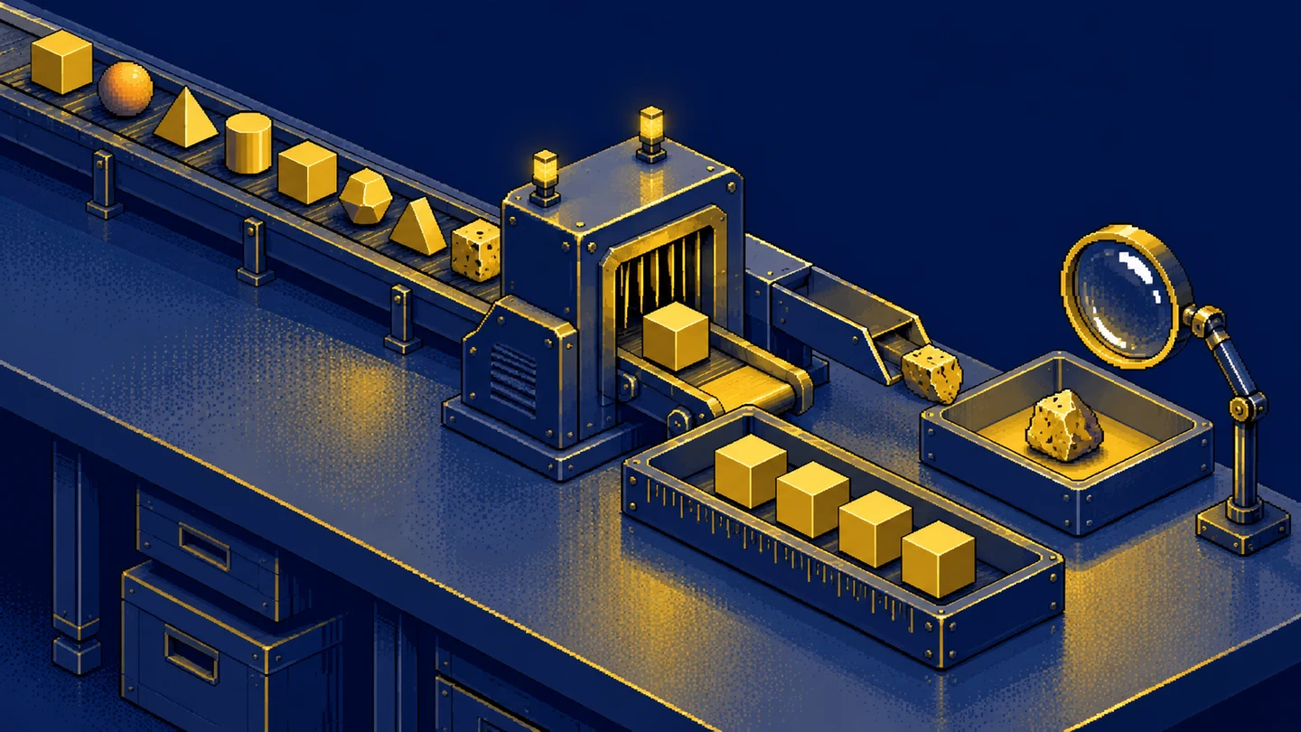 Pixel-art machine converts valid tokens into cubes and sets invalid ones aside for inspection
