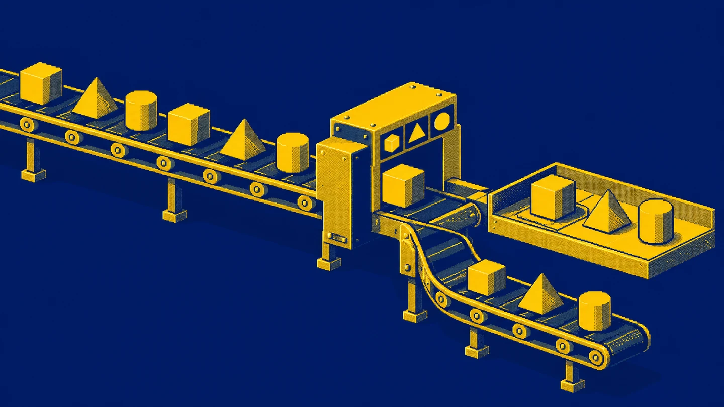 A pixel-art gate selecting the first distinct shapes from a stream of repeated pieces