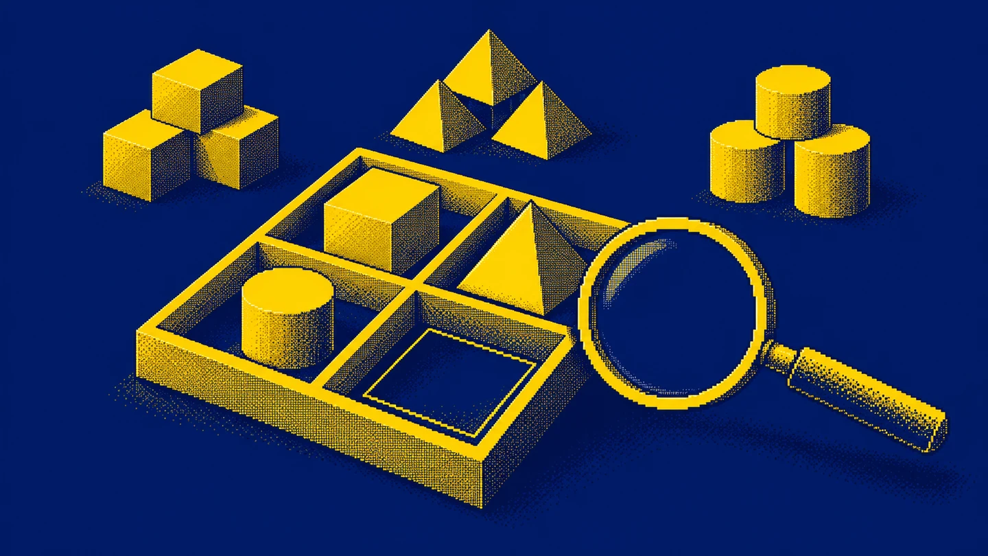 A pixel-art tray containing different shapes and a separate empty compartment