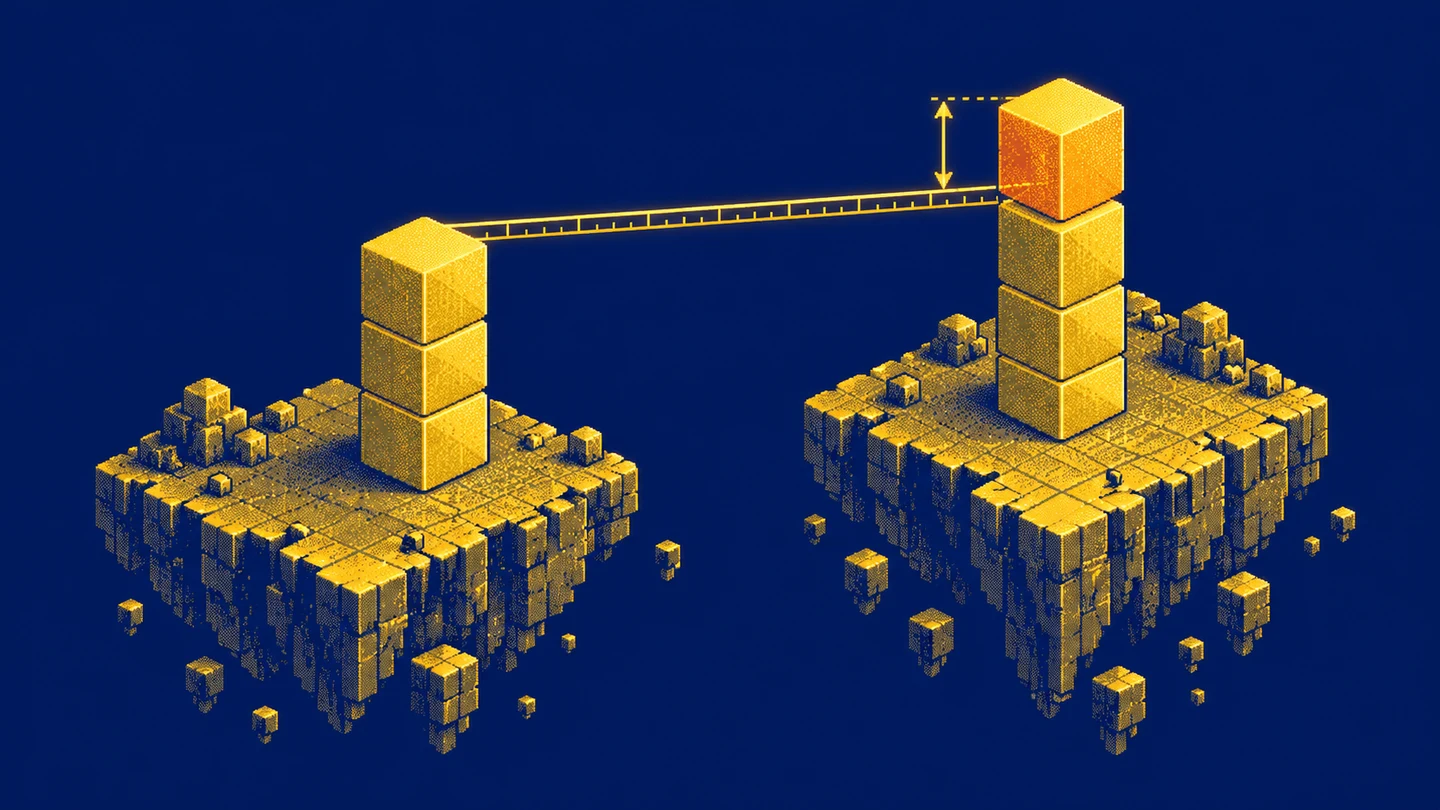 A bridge compares the heights of two stacks of golden cubes.