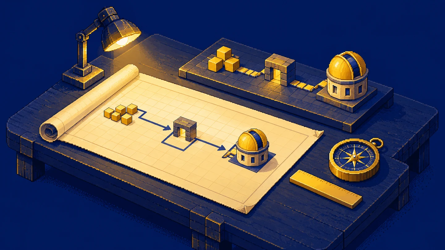 A tabletop plan connects data samples, an inspection gate and a small observatory.